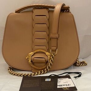 Roberto Cavalli Leather Shoulder Bag 2-Way Chain Strap Lions Head Neutrals Beige